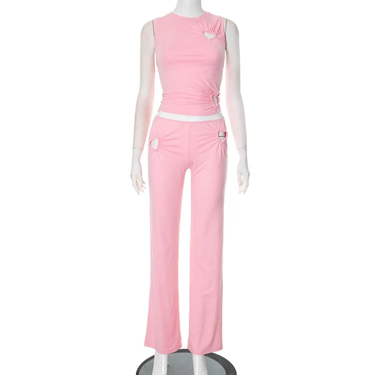 STYLISH LADY Cut Out Heart Fitness 2 Piece Set Women Sleeveless Crop Top and Skinny Pant Suits 2025 Summer Hot Girl Tracksuits