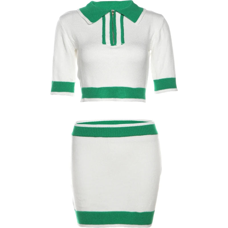 Weird Puss Knit Women 2 Piece Set 2024 Summer Trend Casual Polo Neck Short Sleeve Crop Tops+Skirts Matching Streetwear Outfits