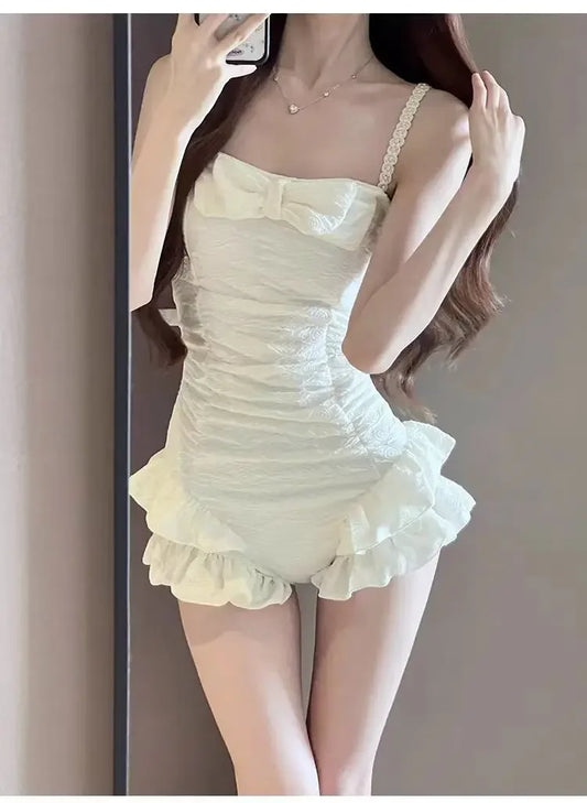 sexy Korean fashion conservative bow swimsuit one piece beige ruffles pearl strapless bodysuits bikinis cute beach outfits