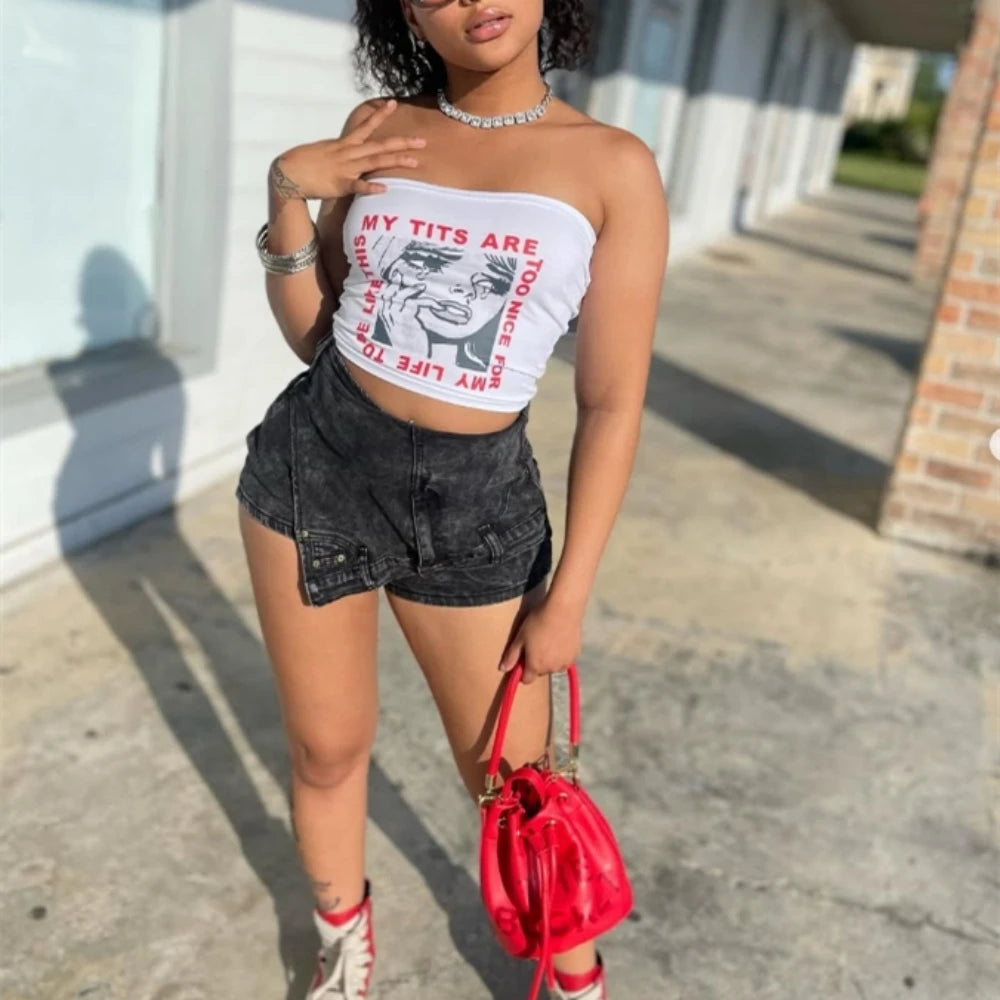 HLJ&GG Y2K Fashion Streetwear Sexy Hot Girl Printing Sleeveless Slim Vest And jeans Shorts Two Piece Sets Summer 2pcs Outfits