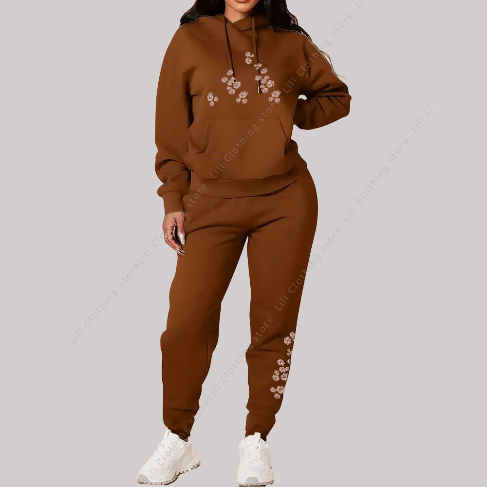 Women's Pants Sets Hoodies Sweatpants Two Piece Outfits Sweatsuit Aesthetic Sportswear Rose Graphic Print Woman Suit Plus Size