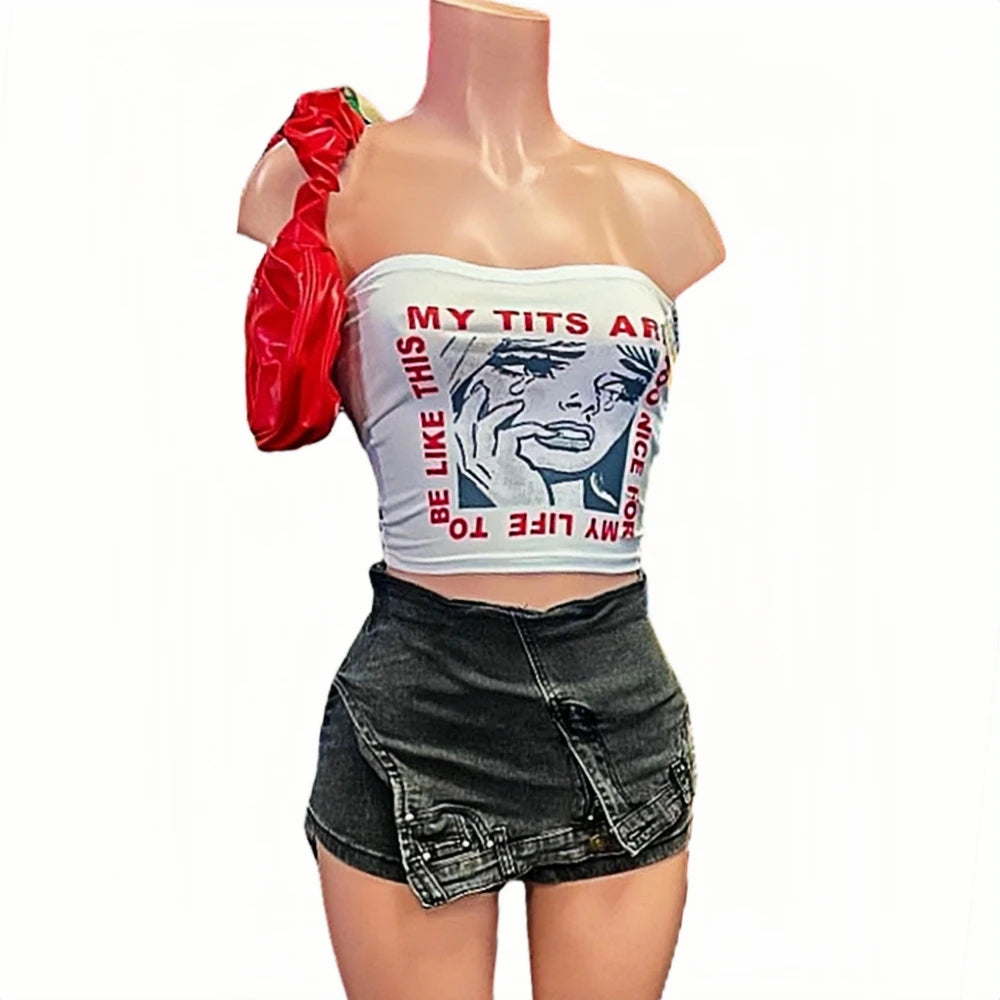 HLJ&GG Y2K Fashion Streetwear Sexy Hot Girl Printing Sleeveless Slim Vest And jeans Shorts Two Piece Sets Summer 2pcs Outfits
