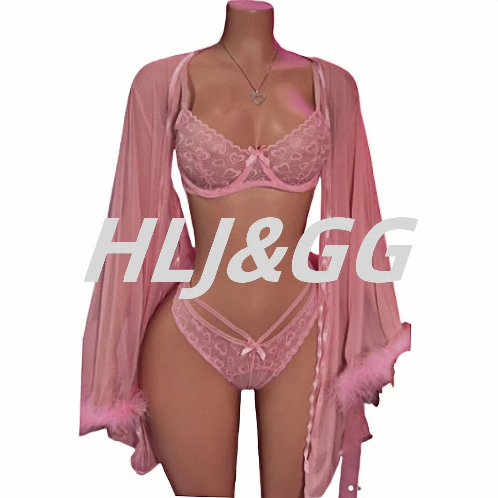 HLJ&GG Sexy Lace See Though 3 Pieces Home Nightgown Sets Women Bra + Thong + Feather Cuffs Long Sleeve Kimino Robe Outfits 2025