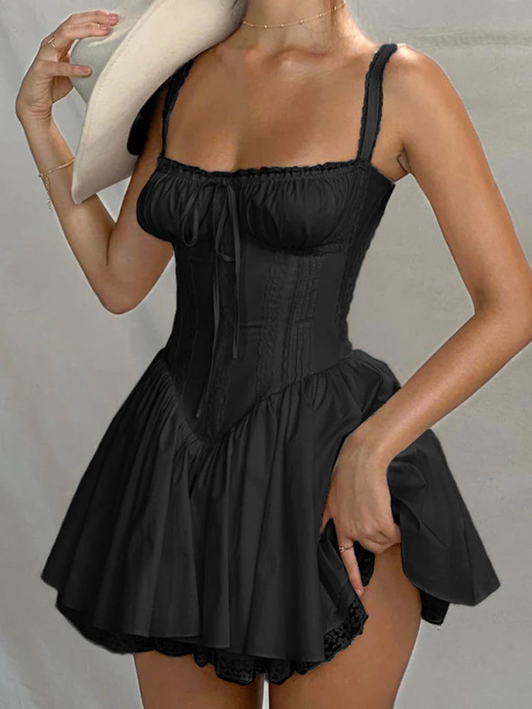 Kricesseen Sexy Women's White Lace Patchwork Back Bandage Bodycon Dresses Summer Ladies Sleeveless Strap Night Clubwear Dresses