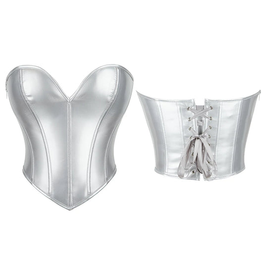 Women Short Bandeau Corset Silver Strapless Bustier Crop Tube Top Summer Streetwear