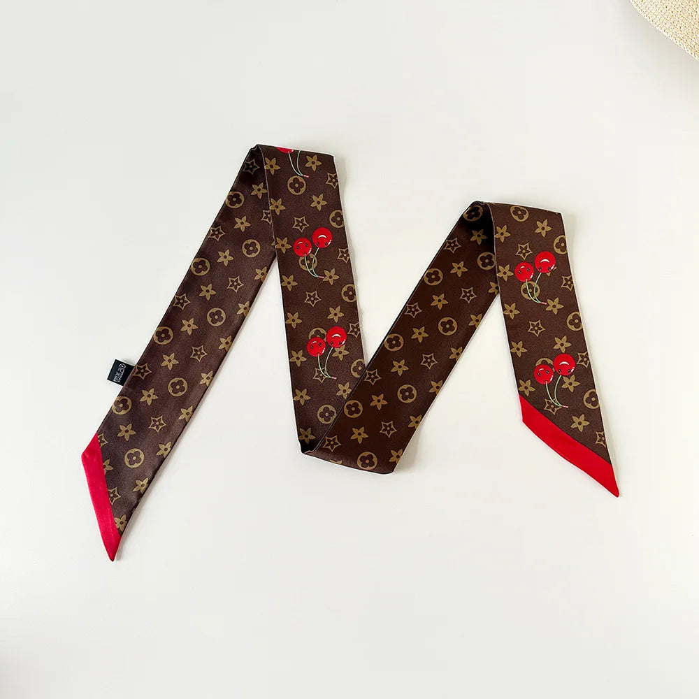 Vintage New Silk Scarf Hair Strap Women's Cherry Printed Mulberry Silk Scarf Long Strip Silk Scarf Float Accessories Scarf