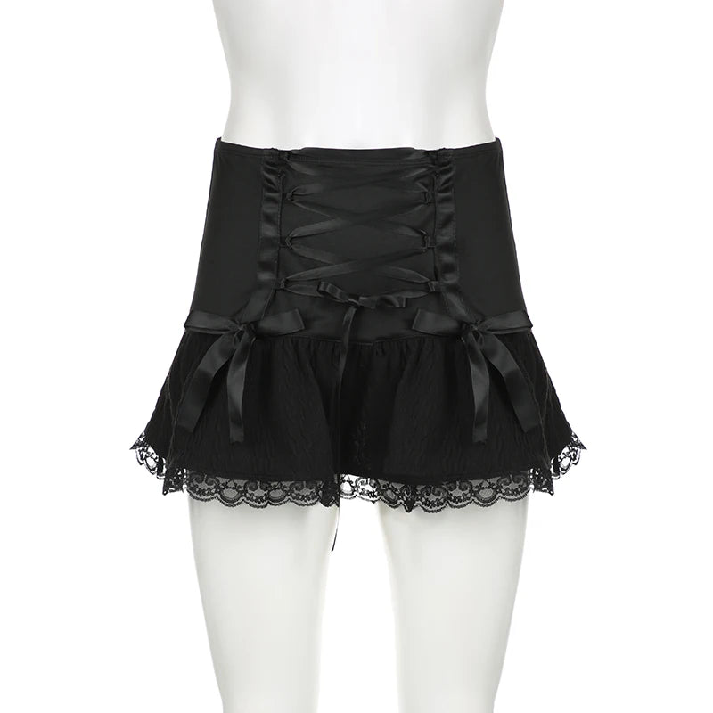 Darlingaga Gothic Y2K Lace Trim Mini Skirt Harajuku Vintage Tie Up Bow Dark Academia Sexy Women Skirts Hottie A-Line Grunge New