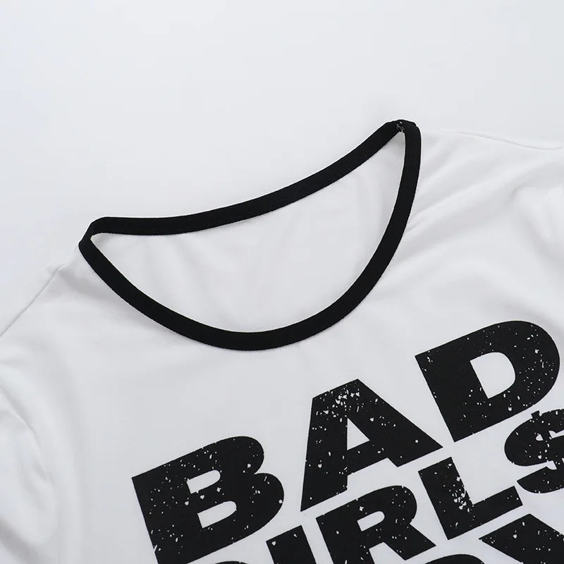HLJ&GG Summer New Letter Print Tshirts Two Piece Sets Women O Neck Short Sleeve Crop Top And jeans Mini Skirts Outfit Streetwear