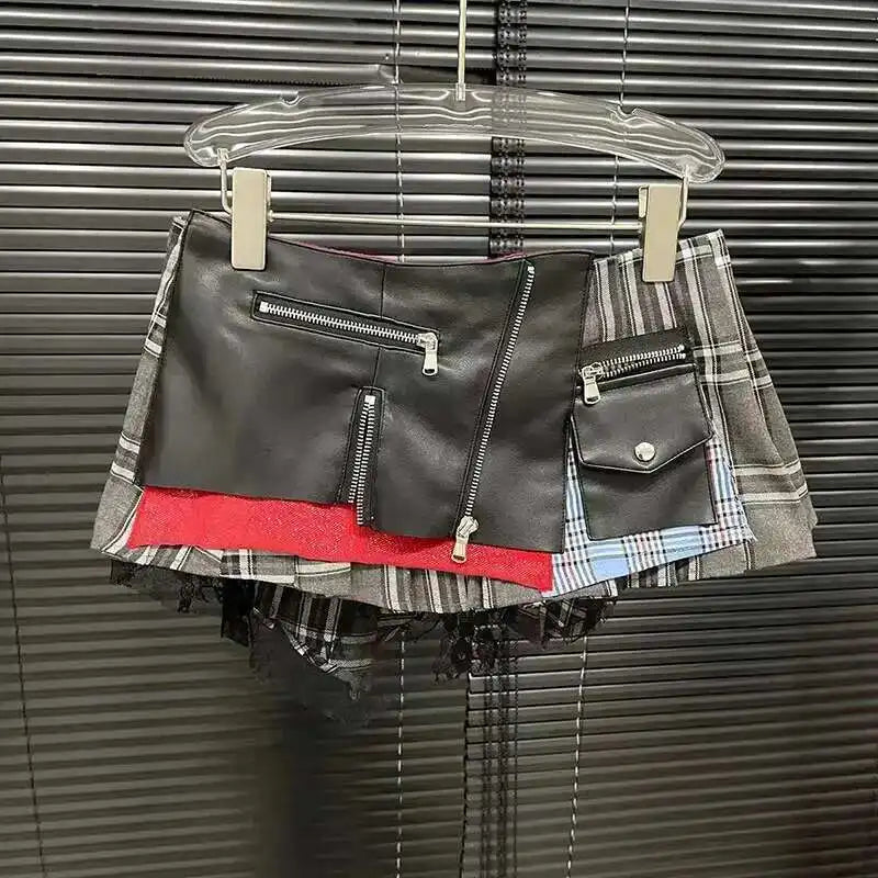 DEAT 2025 Summer New Patchwork Plaid Irregular Pleated Mini Skirt, Zipper Pockets Lace Design Skirts 29L7565