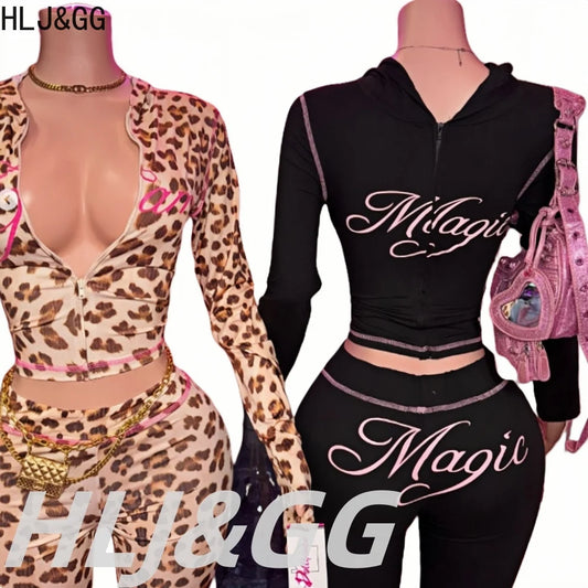 HLJ&GG Y2K Leopard Letter Hooded Two Piece Sets Women Zipper Long Sleeve Slim Crop Top And Pants Outfits Fashion 2pcs Streetwear