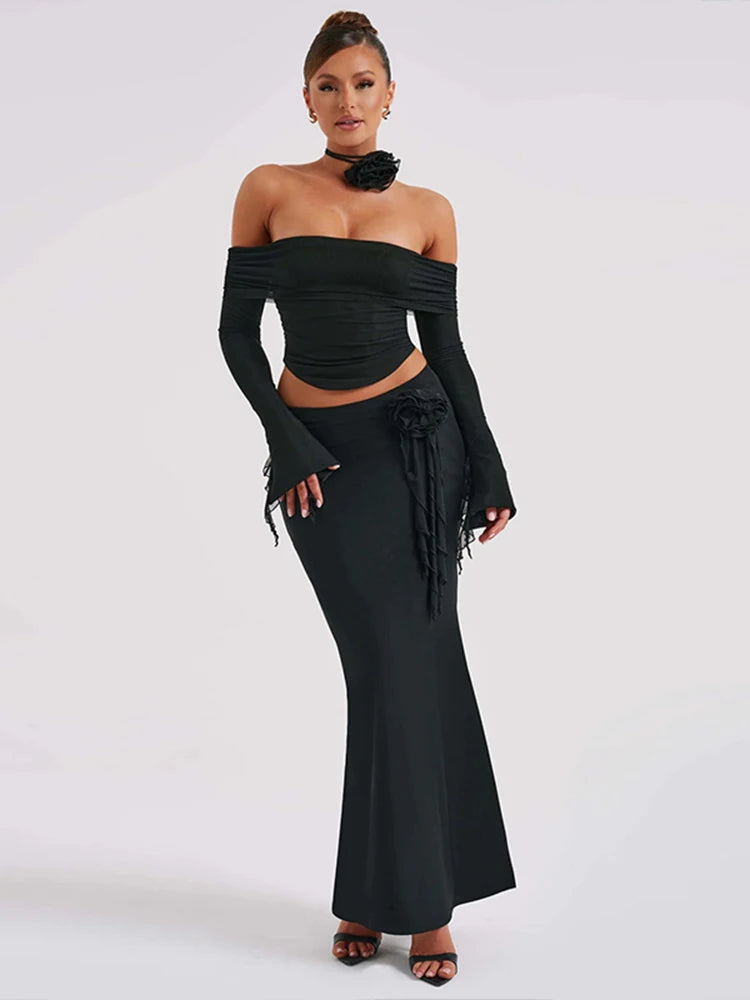 Dulzura Matching Suit Neck Accessories 3D Flower Off Shoulder Long Trumpet Sleeves Crop Top Tassel Maxi Skirt 2024 Autumn Women