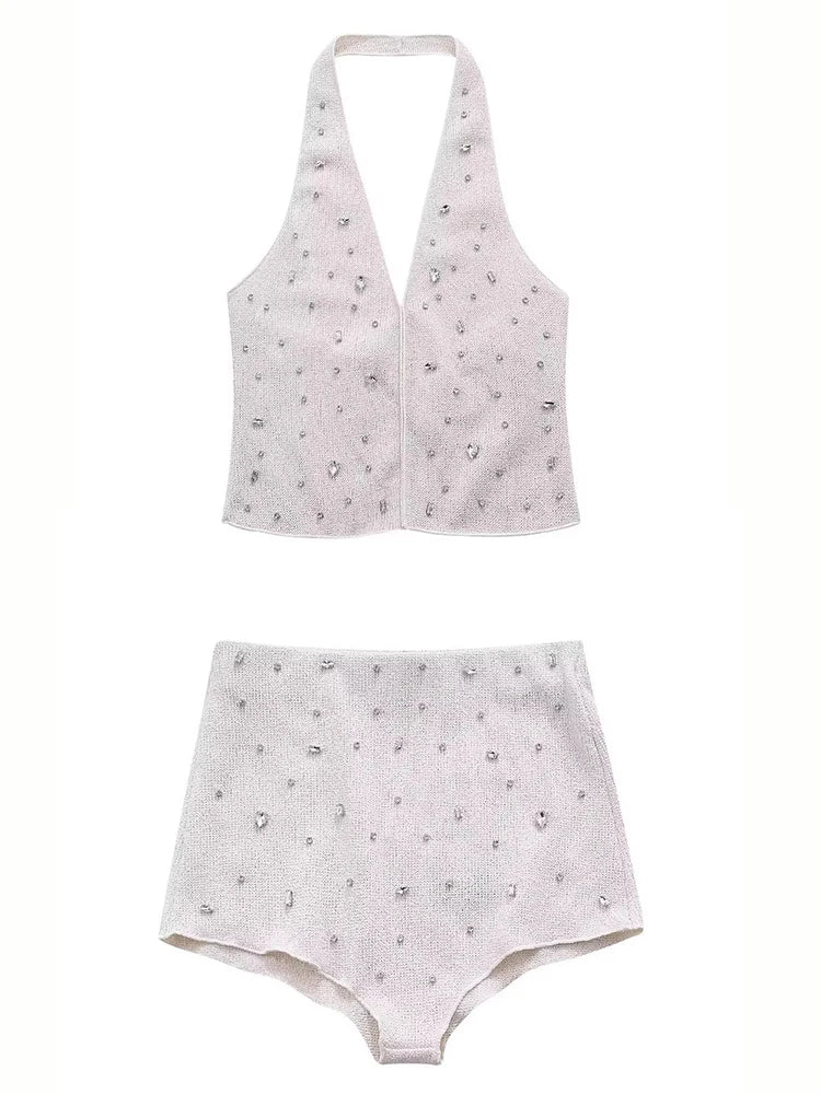 Weird Puss Diamond Women 2 Piece Set Luxury Knit Halter Backless Tank Tops+Shorts Casual Matching Streetwear Stretch Simple Suit