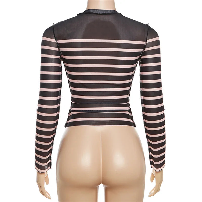 HLJ&GG Y2K Sexy Stripe Letter See Though Two Piece Sets Women Long Sleeve Slim Top And Mini Leather Skirts Outfits Streetwear