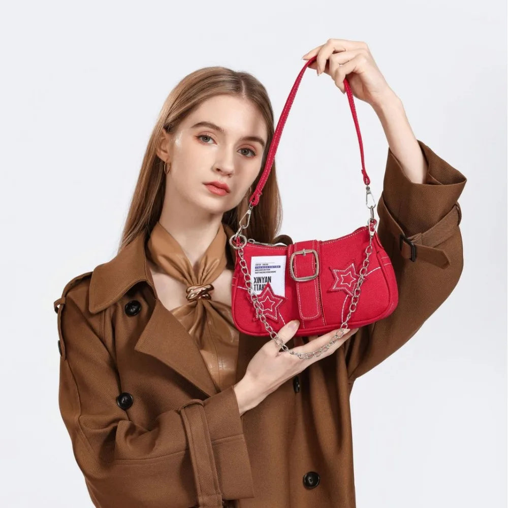 Y2K Canvas Chain Shoulder Bag jeans Stars Pattern Underarm Bag Women's Handbag for Woman Girls