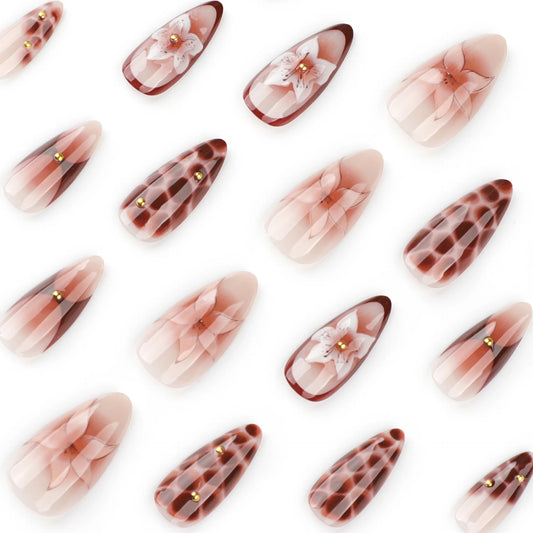 24pcs Retro Brown False Nails y2k Leopard Print Fake Nails Tips Wearable Detachable Spice Girl French Almond Press on Nails