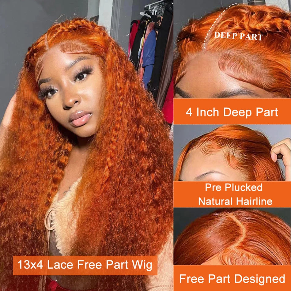 Wiggogo Orange Ginger Lace Front Wig Human Hair 30 Inch Curly Lace Front Human Hair Wig Deep Wave 13X4 13X6 Hd Lace Frontal Wigs