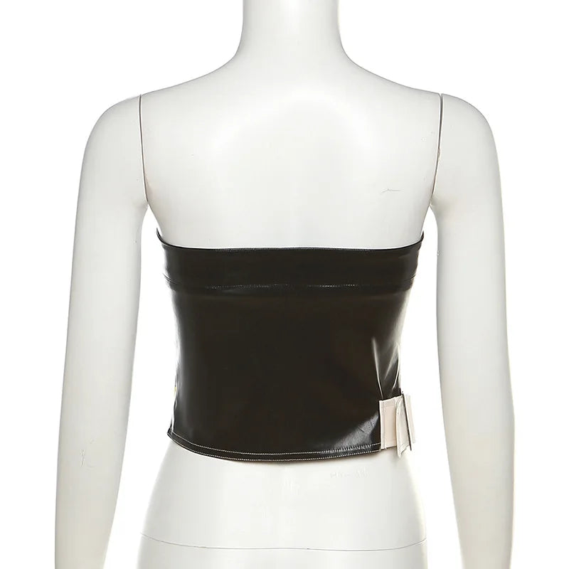 HLJ&GG Brown Y2K Fashion Leather Cargo Shorts Two Piece Sets Women Off Shoulder Zip Slim Crop Top And Shorts Outfits Streetwear
