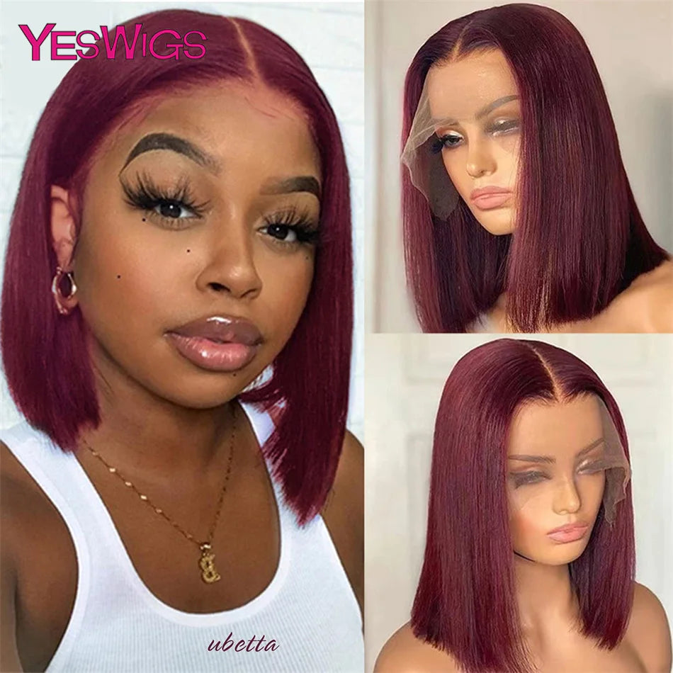 Short Bob Wig Hot Red Burgundy 99j Colored Brown Lace Front Human Hair Wigs Bone Straight Bob Wig Lace Frontal Wigs For Women