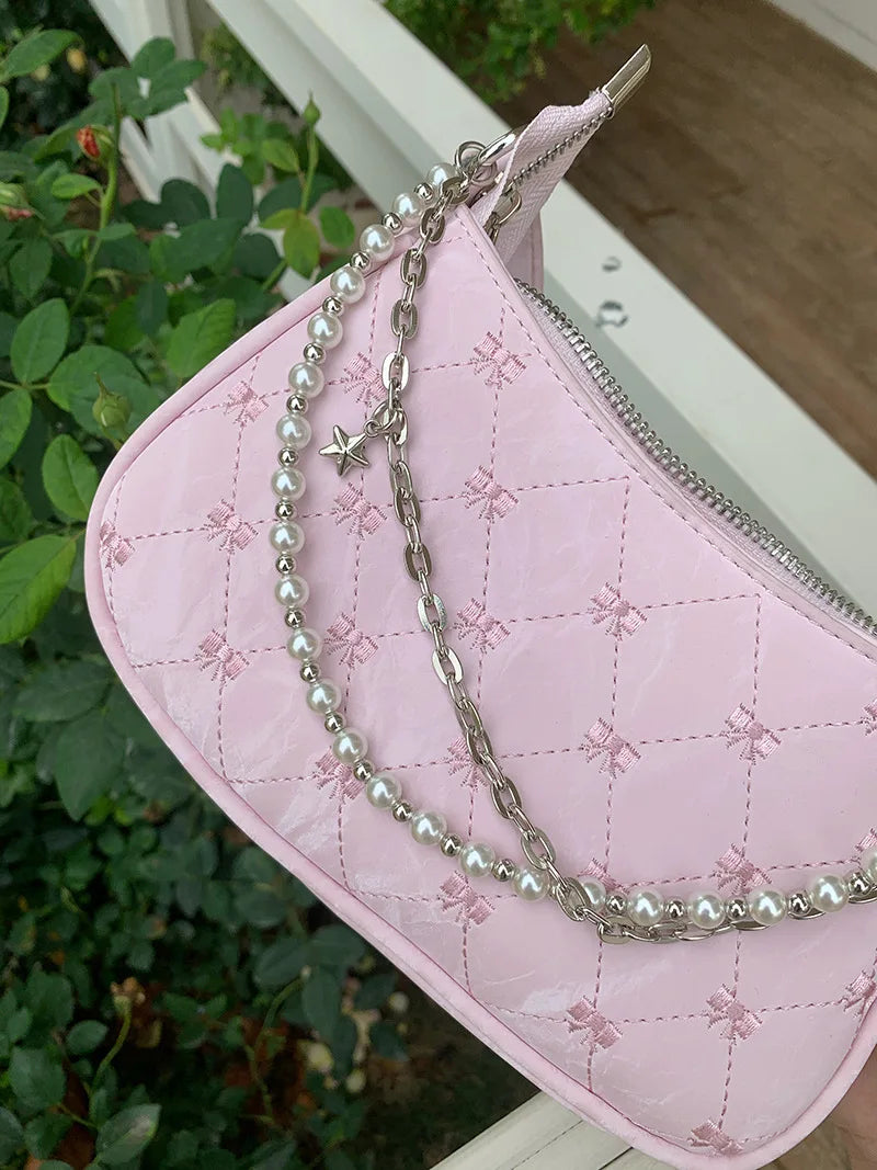 Pink Shoulder Bag Elegant Cute Bow Pearl Chains Bow Embroidery Handbag Casual Leather Korean Fashion Female Handbag