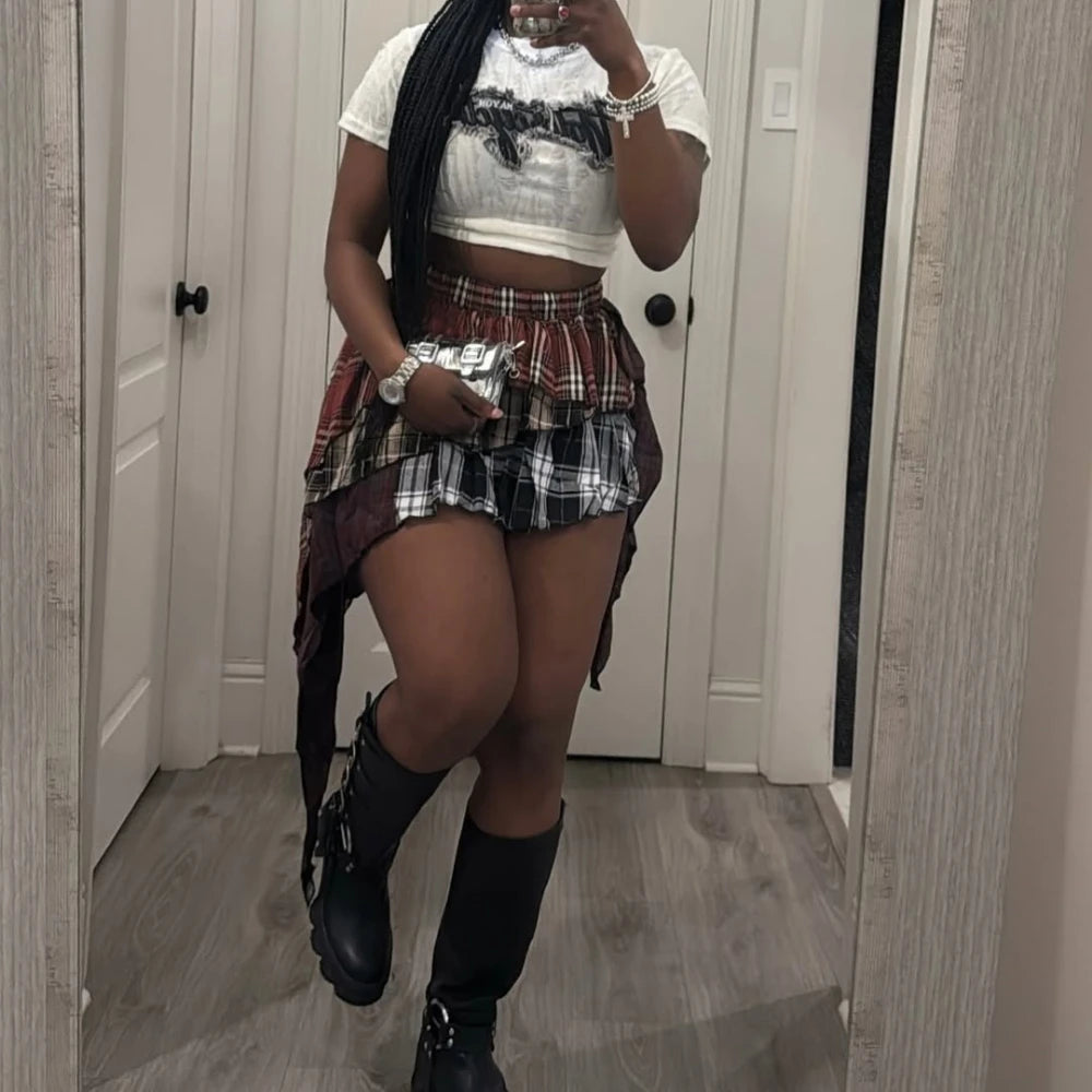 HLJ&GG Fashion Plaid Printing Irregular Mini Skirts Two Piece Sets Women O Neck Short Sleeve Top And Skirts Outfits Streetwear