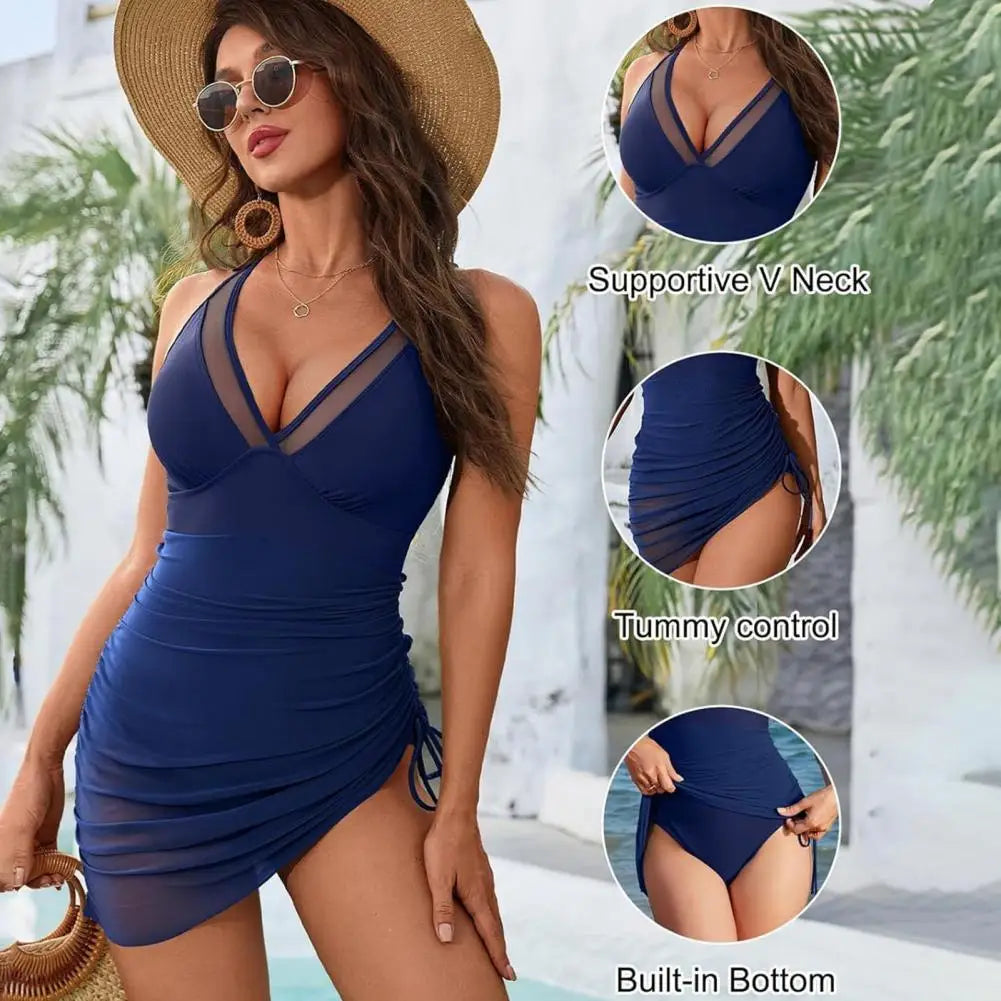 One Piece Women's Swimsuit Solid Color V Neck Tummy Control Swimwear Sexy Mesh Sheer Wrap Bathing Suit For Beach Vacation