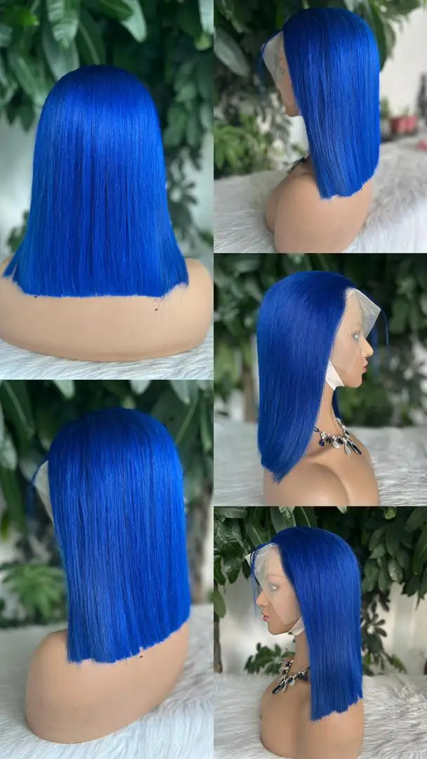 13x4 Lace Front Short Bob Wig Blue Color Straight Navy Blue Bob Transparent Lace Frontal Wigs Human Hair For Black Woman 10 Inch