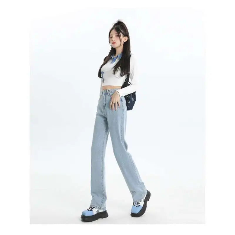 Ladies Vintage Wide Leg Jeans Girls High Waist Pants Female Fashion Black Black Grey Retro Blue Light Blue Pink Trousers