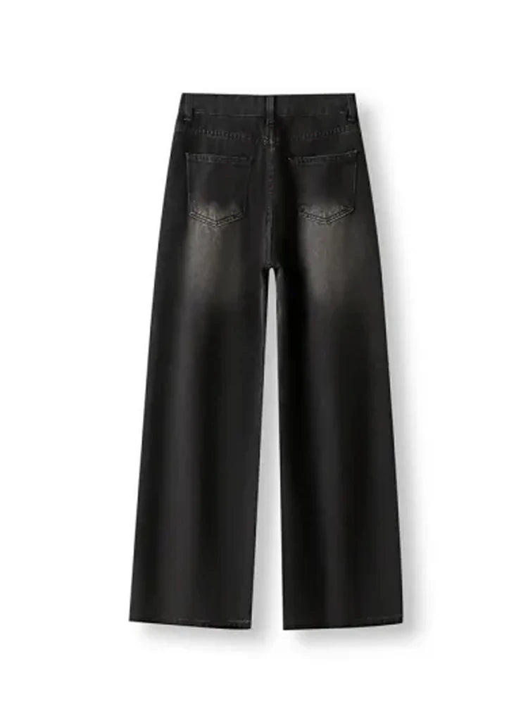 Korean Vintage High Waist ladies Jeans Y2K Slimming Pear-Shaped Loose Straight Bell Bottoms Black Gray Baggy Trousers