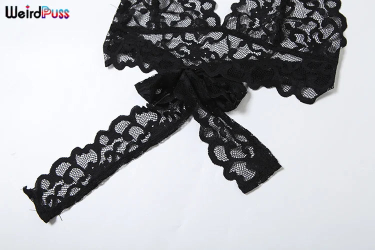Weird Puss Mesh Sexy Bow 2 Piece Set Summer Women Halter Backless Lace Tank Tops+Shorts Matching Clubwear Coquette Hipster Suits