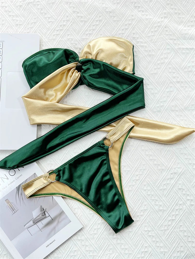 Para Praia Green Gold Bikini 2025 Sexy Strapless Bandeau Swimwear Women Brazilian Swimsuit Thong Biquini Bandage Bathing Suit