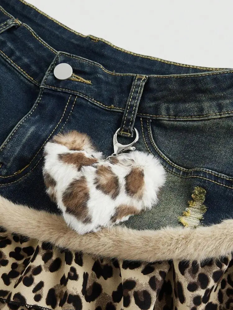 Harajuku Subculture jeans Leopard Print Splicing Y2k Skirt Kawaii Gothic Mini Pleated Skirt Casual Retro Streetwear Skirts Women