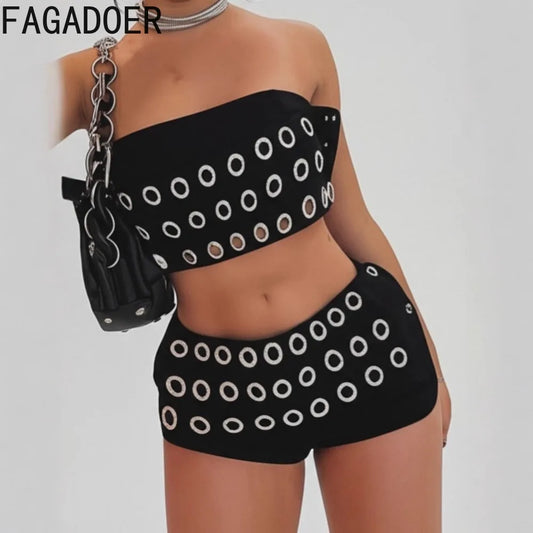 FAGADOER Y2K Sexy Hollow Out Patchwork 2 Pieces Set for Woman Sleeveless Backless Crop Top and Shorts Outfits Female Streetwear