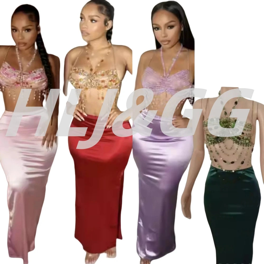HLJ&GG Sexy Rhinestone Beads Halter Hollow Two Piece Sets Women Sleeveless Backless Top + Satin Skinny Skirts Outfits Streetwear