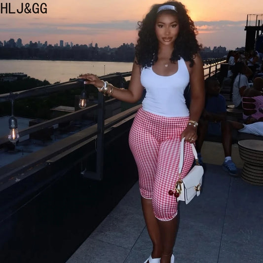 HLJ&GG Summer New Halter Tank Top Two Piece Sets Women Backless Slim Vest And Plaid Print Shorts Outfits Fashion 2pcs Streetwear