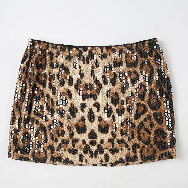 HLJ&GG Fashion Y2K Sequin Leopard Shorts Two Piece Sets Women Round Neck Short Sleeve Slim Crop Top And Shorts Outfit Streetwear