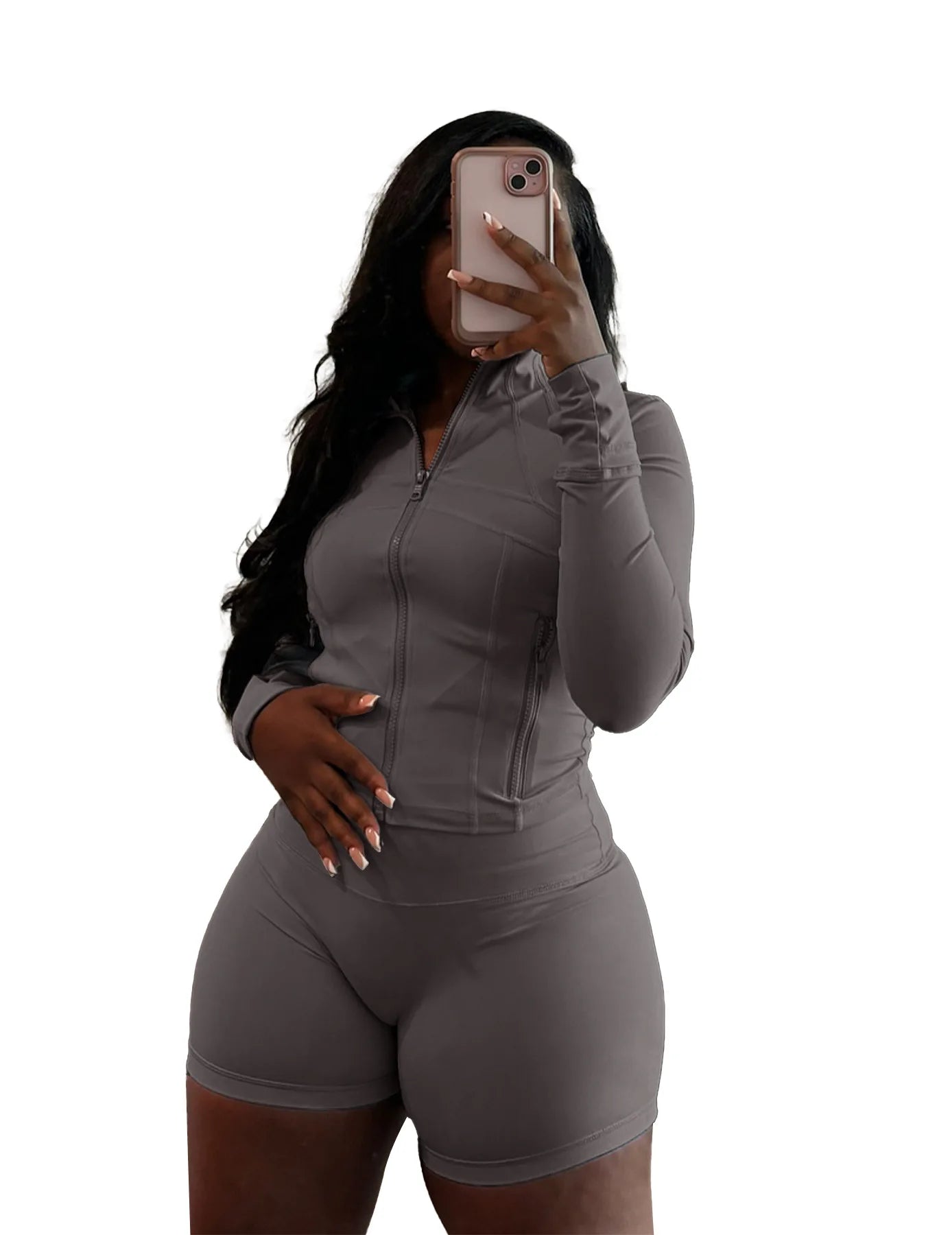HLJ&GG Casual Sporty Skinny Shorts Two Piece Sets Women Zip Long Sleeve Slim Top + Shorts Outfits Summer New Stretchy Tracksuits