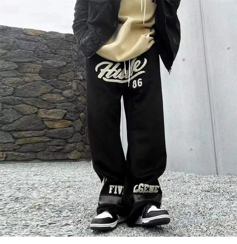 Summer New Casual Pants Men Retro Fashion Straight Pants Men Streetwear Drawstring Letter Hip-hop Trend Loose Balck Trousers