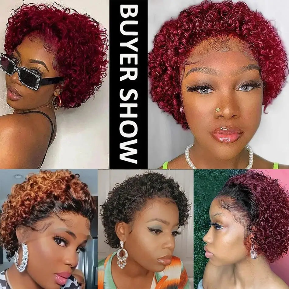 99j Red Short Curly Wigs Pixie Cut Lace Front Wigs 6 inch Human Hair 13X1 Pixie Burgundy Human Hair Wigs For Women Pixie Wig