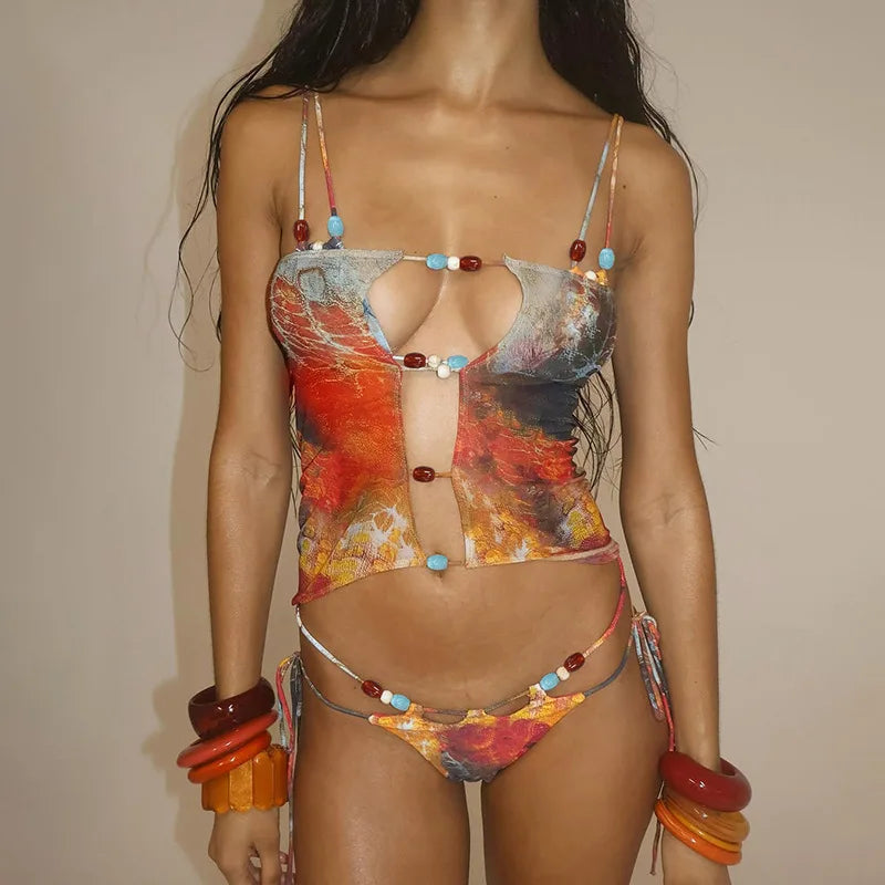 HLJ&GG Sexy Printing 2 Piece Sets Woman Outfits Spaghetti Strap Crop Bra Top+Bikini Shorts + Skirt Matching Suit Female Holiday