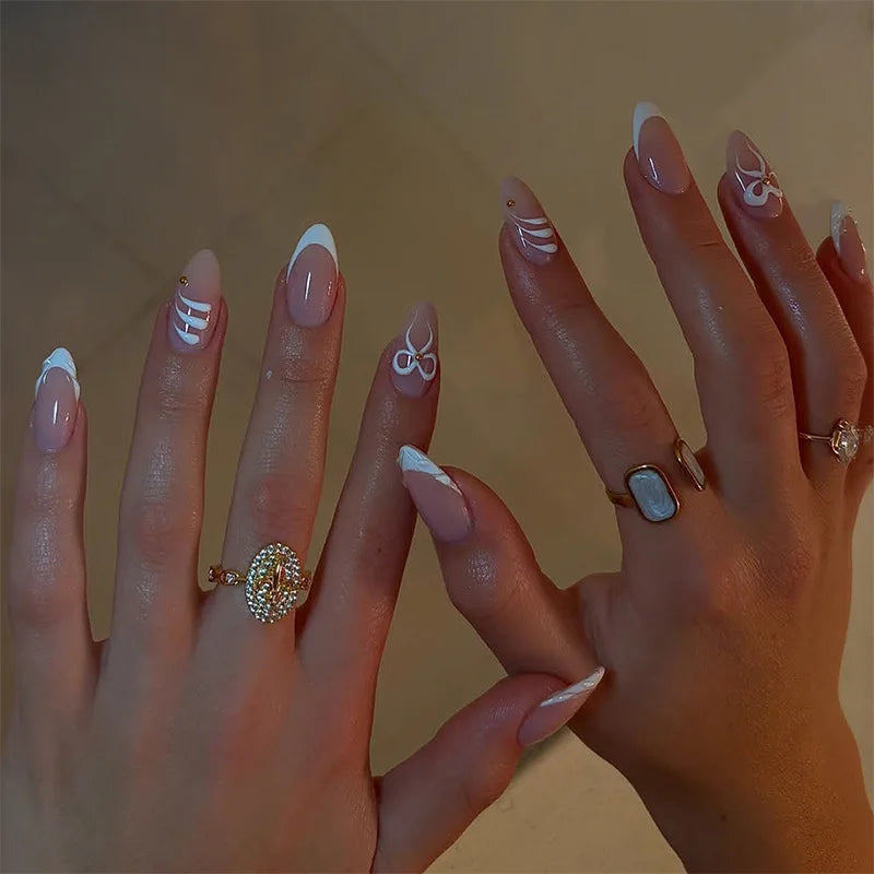 White French Press on Nails 3D Bowknot Fake Nails Tips Full Cover Wearable False Nails for Women and Girls DIY 24Pcs
