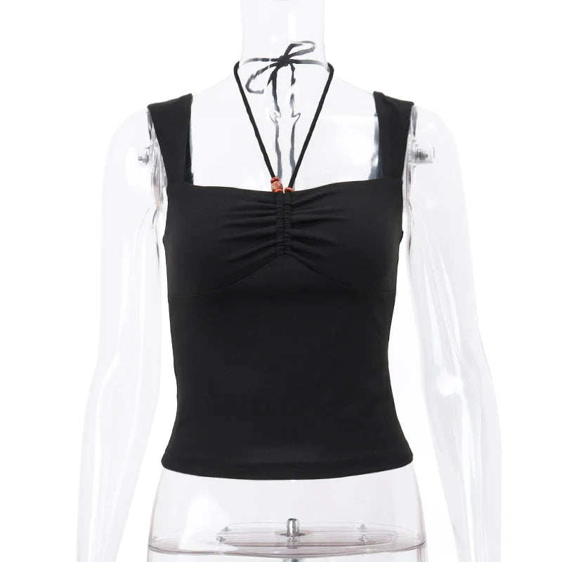 WhereMery Summer Women Black Slim Halter Tank Top Y2K Sexy Square-neck Pleated Backless Crop Tops Casual Sleeveless Bodycon Vest