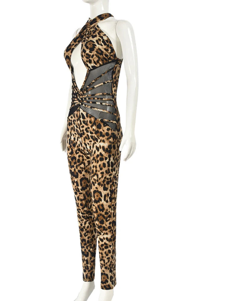 Kricesseen Sexy Leopard Hollow Out Details Skinny Jumpsuits Women Print Backless Halter Fitted Rompers Clubwear Outfits