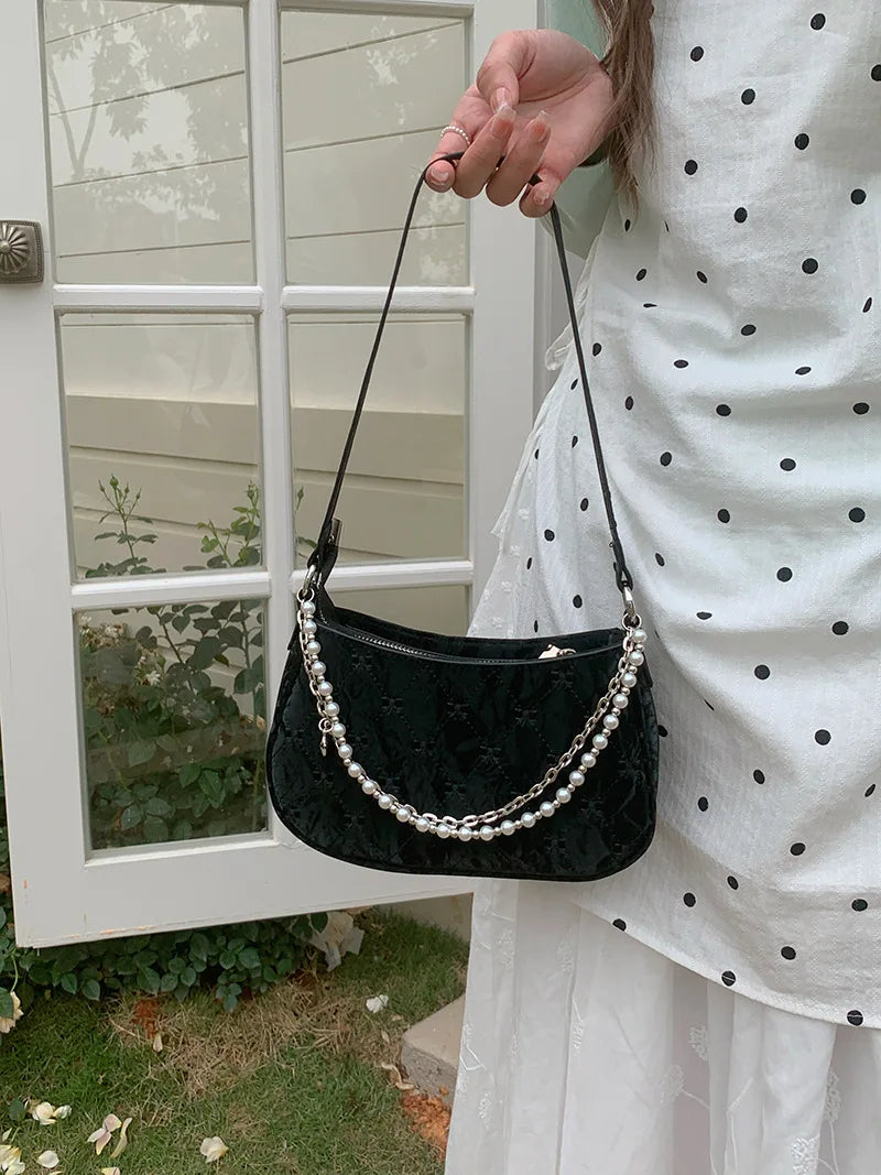 Pink Womens Shoulder Bag Elegant Cute Bow Pearl Chains Bow Embroidery Handbag Casual Leather Korean Fashion Female Handbag
