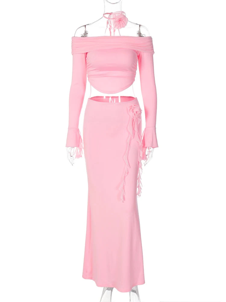 Dulzura Matching Suit Neck Accessories 3D Flower Off Shoulder Long Trumpet Sleeves Crop Top Tassel Maxi Skirt 2024 Autumn Women