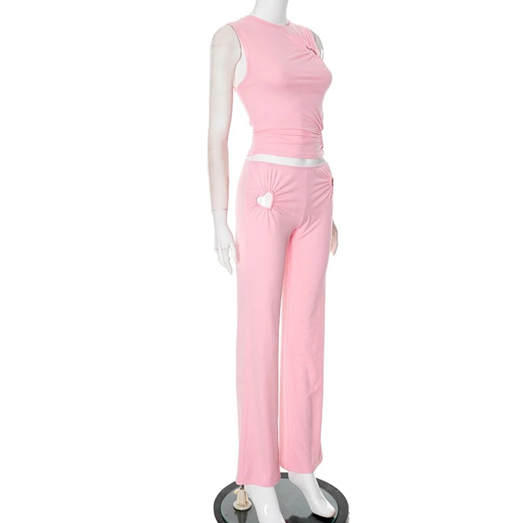 STYLISH LADY Cut Out Heart Fitness 2 Piece Set Women Sleeveless Crop Top and Skinny Pant Suits 2025 Summer Hot Girl Tracksuits