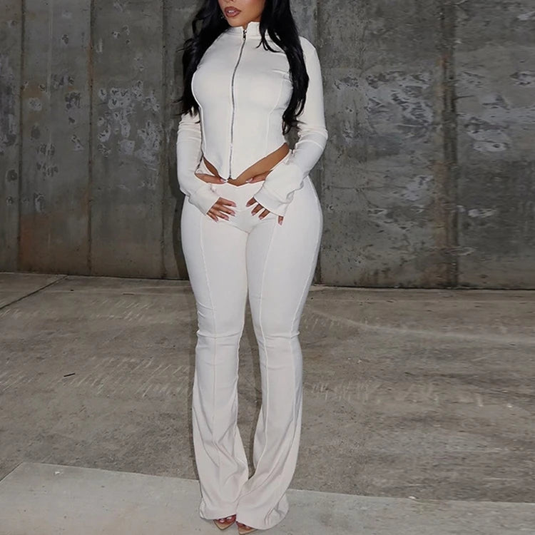 STYLISH LADY Solid Color Sporty 2 Piece Set Women Long Sleeve Crop Top and Flare Pant Suits 2025 Summer Casual Fitness Tracksuit