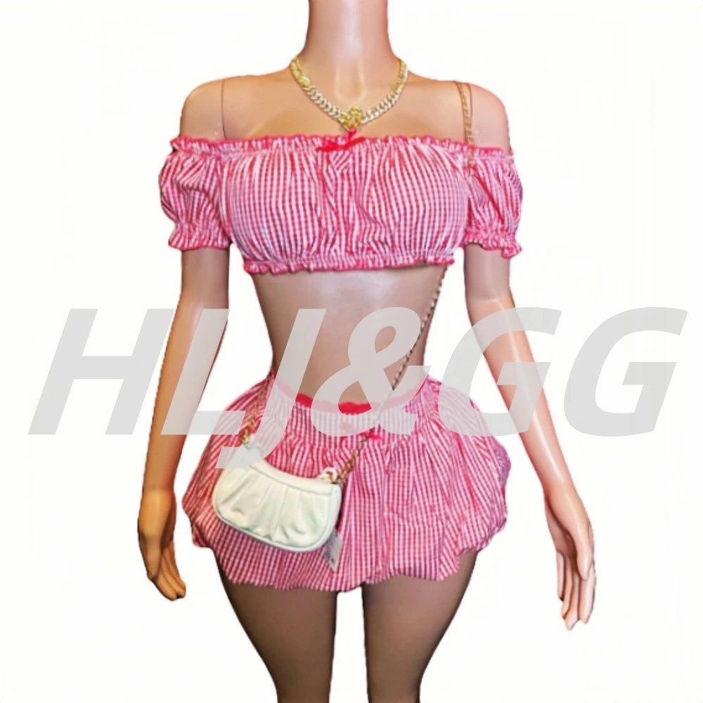 HLJ&GG Red Fashion Plaid Print Bow Two Piece Sets Women Off Shoulder Short Sleeve Crop Top+Mini Skirts Outfits Sweet Streetwear