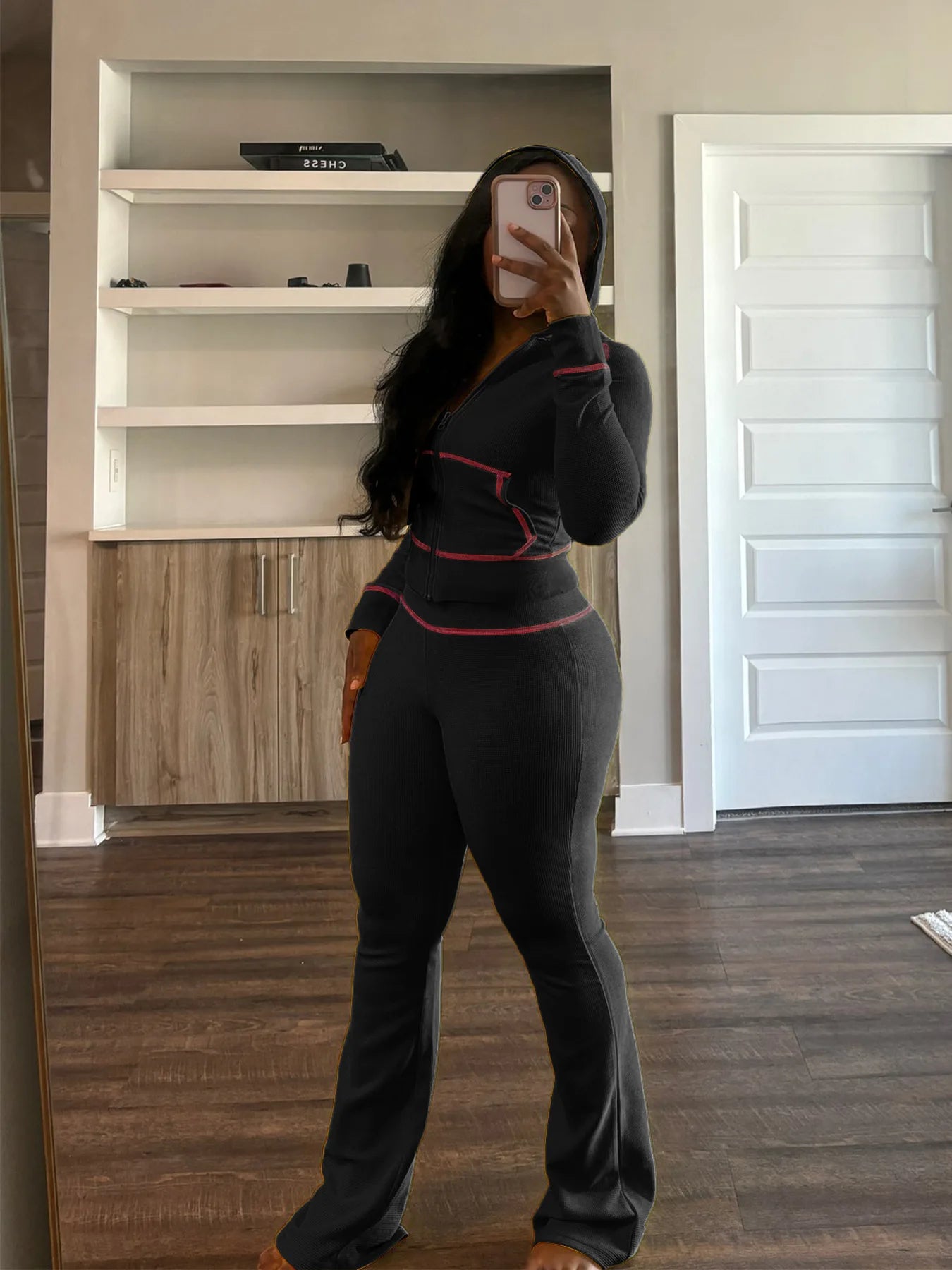 HLJ&GG Spring New Waffle Flare Pants Two Piece Sets Women Zip Hooded Long Sleeve Top + Pants Outfits Casual Sporty 2pcs Clothing