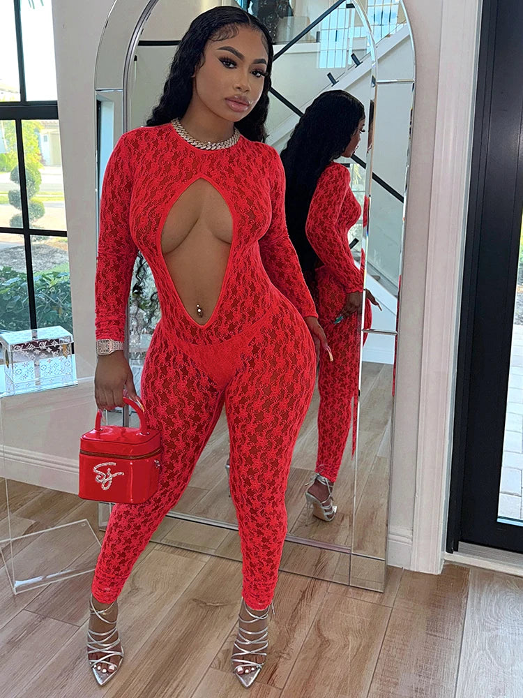 Weird Puss Coquette Women Jumpsuit Jacquard Midnight Sexy Hollow Backless Full Sleeve Overalls Club Workout Activity Clubwear