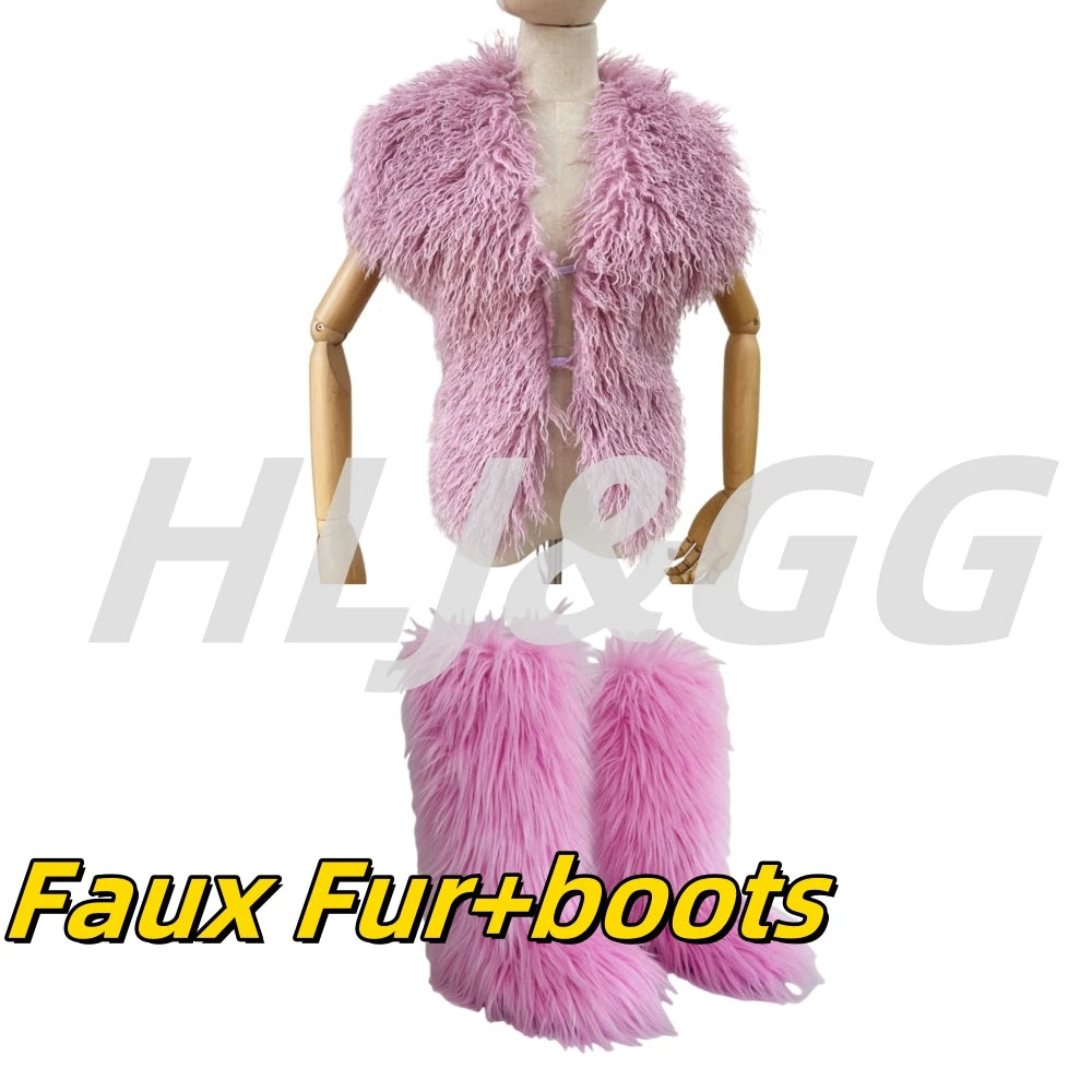 HLJ&GG Trend Y2K Two Piece Sets Women Fur Feather Halter Waistcoat Fashion Backless Lace Up Legs Cover Streetwear Clothing 2025